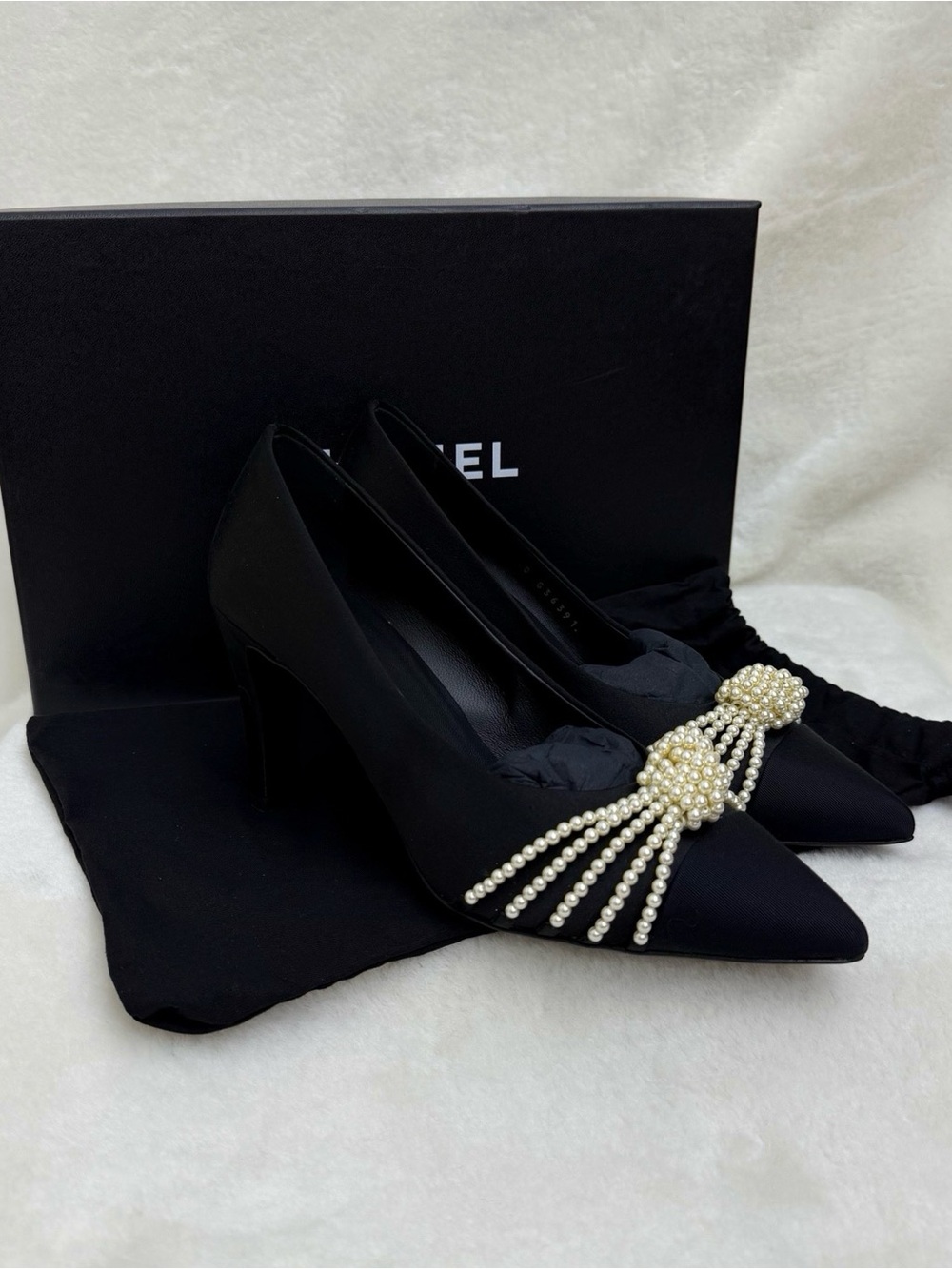 CHANEL Black Satin Pointed Pumps with Pearl Tassel Accent - Picture 3 of 6